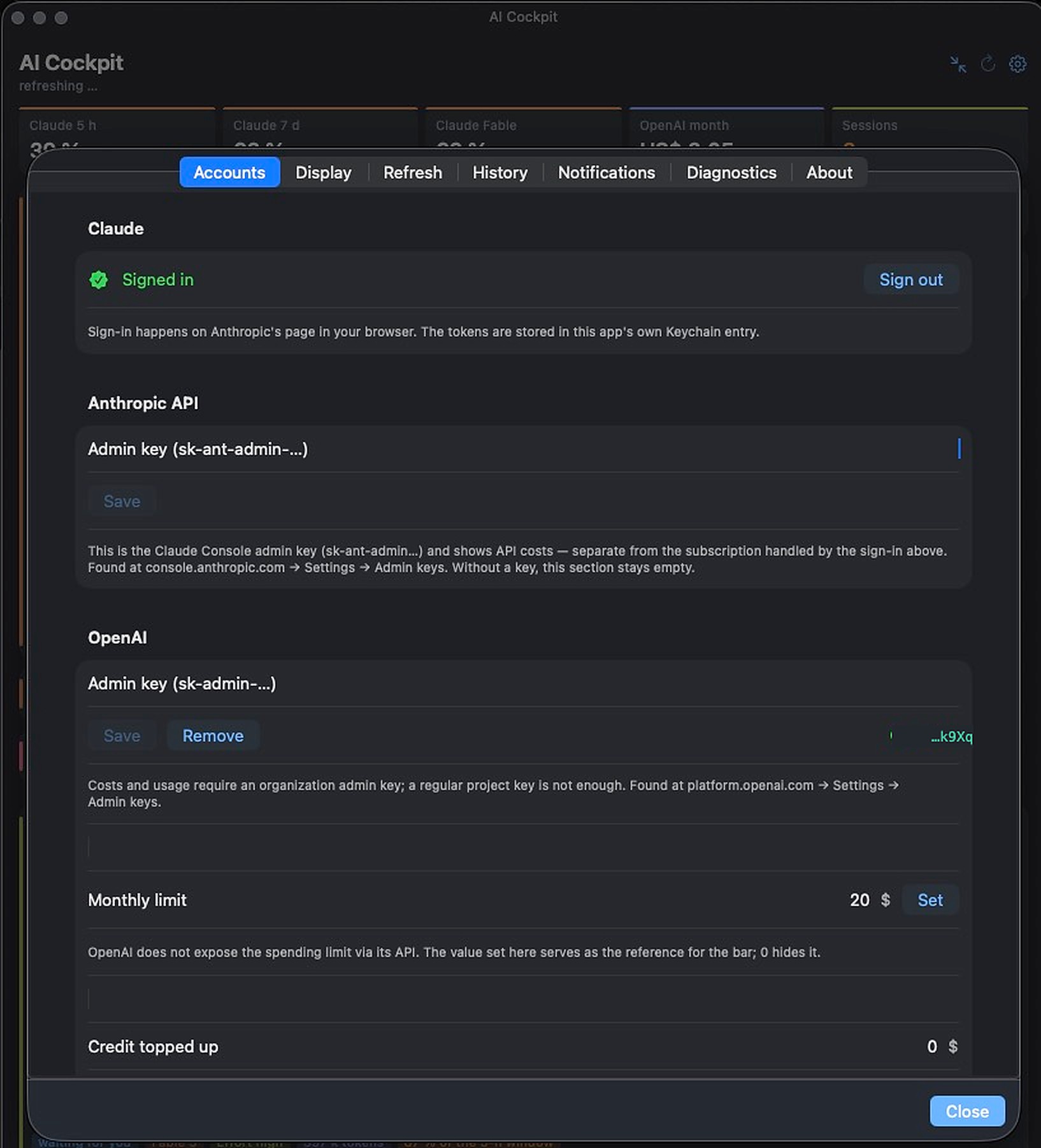Accounts settings — keys live in the macOS Keychain